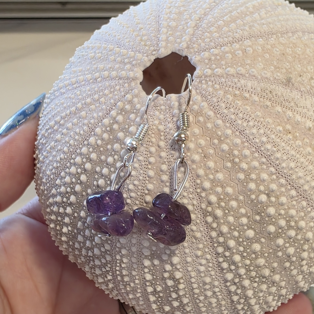 Handmade Amethyst Earrings Purple and Silver Stone Chip Boho Chic Bohemian